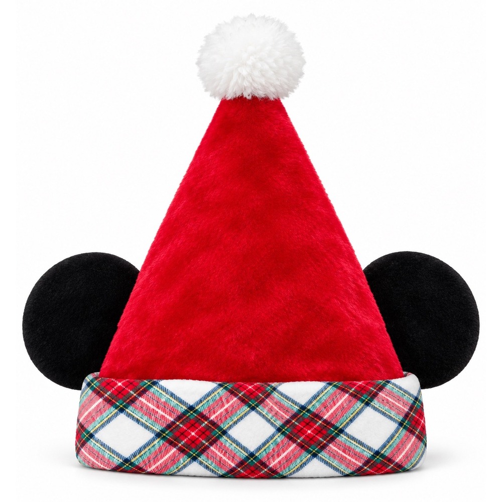 Disney Parks Mickey Mouse Santa Hat Plaid Brim Black Ears Christmas Holiday NWT